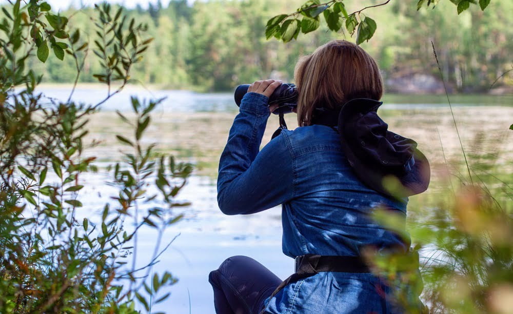 Woman birdwatching on a river bank